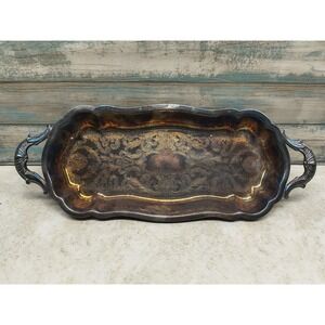 Antique Leonard Serving Tray Footed Handles Silverplate Patina Aged Vintage